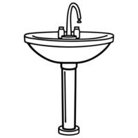 Black and white line art of a pedestal sink with faucet and twin handles vector