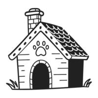 doghouse with paw print, chimney and tiled roof in black and white illustration vector
