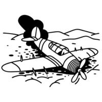 Crashed vintage airplane in open field, black and white drawing illustrates abandoned aircraft and rough terrain vector