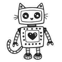 Kawaii robotic cat, cute robot with feline features, black and white doodle vector