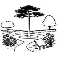 Scenic park pathway tall tree, flowering plants, bench, and winding trail under open sky vector