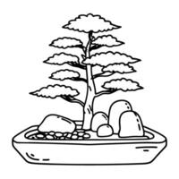 Bonsai tree with rocks in a rectangular dish black and white line art illustration of a small, cultivated tree vector