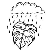black and white illustration of rain cloud over tropical leaf nature sketch, weather, simple art design vector