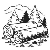 Monochrome logging scene with trees and cut wood in forested landscape illustration vector