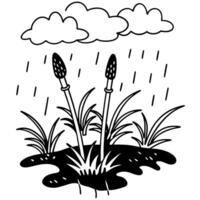 Rainy scene with horsetail plants in mud with clouds and raindrops vector