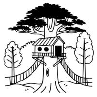 treehouse illustration with adventure bridge, nestled among trees in forest setting vector