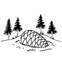 Pine cone illustration on hill with spruce trees vector