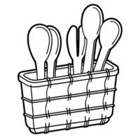line drawing of kitchen utensil holder with assorted spoons and forks vector