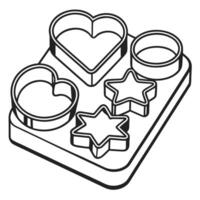 set of heart, star, and circle cookie cutters on tray outline kitchen tools for baking vector