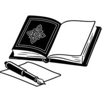 elegant black and white illustration of an open book with decorative cover and fountain pen vector
