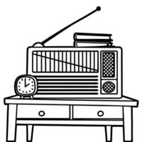 vintage radio with clock on wooden table, analog style, black and white illustration, home decor retro vibes vector