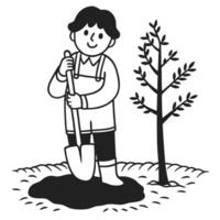 child planting tree with shovel in garden, promoting environmental conservation and outdoor activity vector