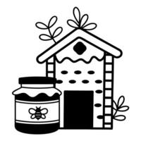 Honey jar and beehive illustration simple black and white line art of bee themed design vector