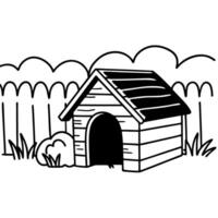 Simple doghouse illustration with wooden structure and grass background, minimalist design vector