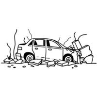 Car crash illustration with a vehicle colliding into rubble, black and white sketch vector