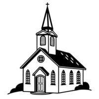Black and white church illustration with steeple and windows vector
