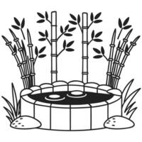 Zen garden illustration with bamboo and stone water feature, meditative peaceful scene vector