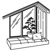 potted bonsai tree on windowsill, modern architectural design, minimalistic art line illustration vector