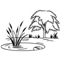 Tree by peaceful pond with reeds and natural surroundings outline art vector
