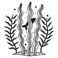 Abstract underwater scene with fish and seaweed, minimalistic black and white design vector