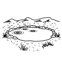 desert oasis clipart illustration with mountains, pond, rocks, and sparse vegetation vector
