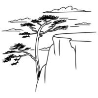 Lonely pine tree on cliffline outline with minimalist clouds vector