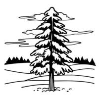 Black and white pine tree illustration with forest background and cloudy sky vector