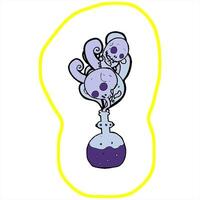 A cartoon drawing of a purple and yellow vase with two skulls in it video