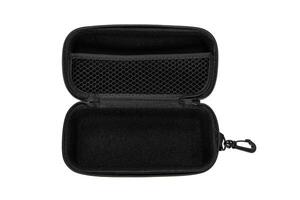 Black textured hard case with zipper and carabiner, ideal for organizing and protecting small items or accessories, isolated on a white back photo