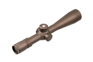 A matte-finished brown rifle scope featuring multiple adjustment dials, perfect for precision shooting, isolated against a white backdrop. photo