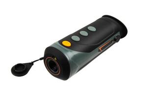 A high-performance thermal imaging monocular with a protective lens cap, button controls, and an ergonomic design, isolated on a plain white background. photo