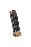A black and tan pistol magazine with an orange follower, featuring a sleek and durable design, isolated on a white background. photo