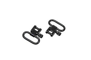 A pair of black metal swivel clips designed for securing a sling to a rifle, showcasing durable and practical hardware, isolated on a white background. photo
