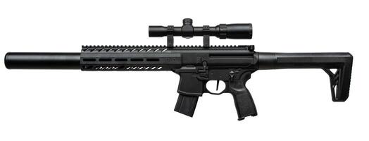 A black air rifle with a scope, highlighting a tactical design with a suppressor and a sleek, modern stock, isolated on a white background. photo