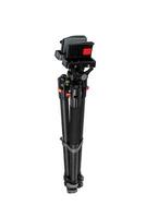 Compact carbon fiber tripod with a fluid head, red and black highlights, isolated on white, designed for lightweight use and long-lasting reliability. photo