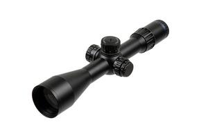 A high-quality black rifle scope with multiple adjustment knobs, precision optics, and a sleek design. Isolate on white background. photo