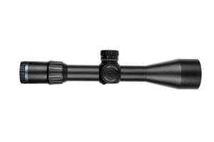 A high-quality black rifle scope with multiple adjustment knobs, precision optics, and a sleek design. View from the right. photo