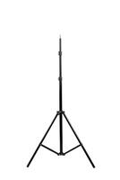 A black adjustable tripod stand with three sturdy legs, designed for supporting cameras, lights, or other equipment, providing stability and versatility, isolated on a white back photo