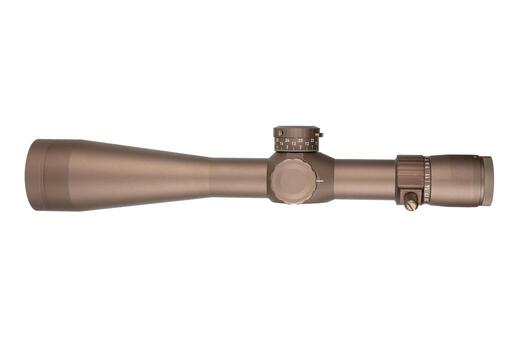 A modern rifle scope in matte brown with numerous adjustment controls, tailored for accurate shooting, set on a white background. photo