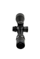A high-quality black rifle scope with multiple adjustment knobs, precision optics, and a sleek design. Rear view. photo