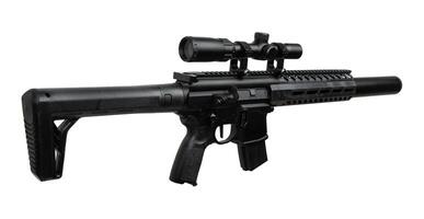 A black air rifle with a scope, showcasing a tactical design with a suppressor and a contemporary stock, isolated on a white background. photo