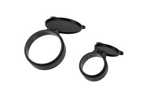A pair of black scope lens covers of varying sizes, opened to expose clear lenses, set against a white background, highlighting their simple and practical design. photo