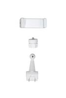 A disassembled phone holder featuring three components a clamp, a screw connector, and a base with a ball joint, isolated on a plain white back photo