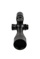 A high-quality black rifle scope with multiple adjustment knobs, precision optics, and a sleek design. Front view. photo