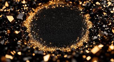 A mesmerizing macro shot of shimmering black and gold particles, radiating sophistication, luxury, and dynamic energy. photo