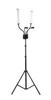 Dual LED light setup on a tripod stand with adjustable arms and a central control unit, offering bright, energy-efficient illumination, isolated on white. photo