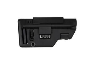 Adjustable black rifle stock featuring a range of adjustment mechanisms and textured surfaces, ideal for tactical or precision shooting purposes, isolated against a white background. photo