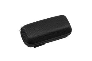 Black zippered hard case with a carabiner hook, featuring a rugged texture, ideal for carrying small accessories, set on a plain white surface. photo