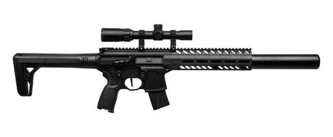 Black air rifle with a scope, featuring a tactical design with a suppressor and a modern stock, isolated on a white back photo