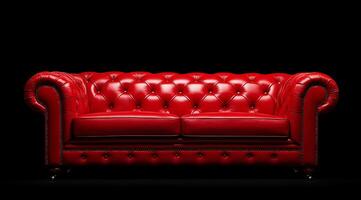 Elegant red leather Chesterfield sofa with tufted upholstery, vintage style, luxurious design, black background. photo